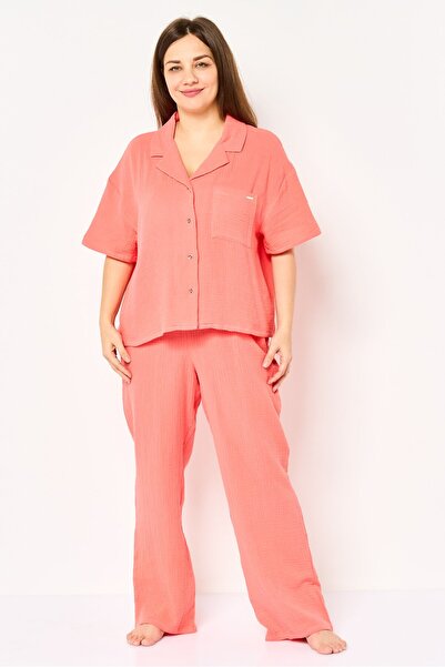 JASON WU Women 2 Piece Solid Short Sleeve Pyjama Top And Bottom, Coral