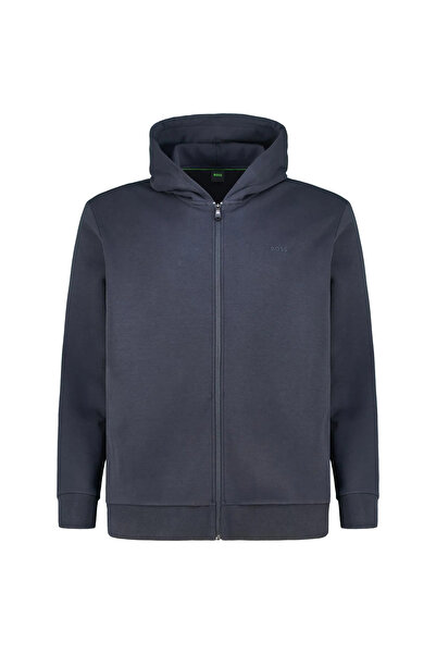 BOSS سترة رجالية قطنية ذات قصة عادية بغطاء رأس باللون الأزرق الداكن 50555495-402