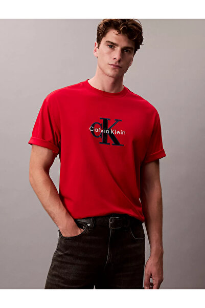 Calvin Klein Men's Crew Neck Short Sleeve Ck Letter Pattern Cotton Red T-Shirt Lv04Re815G-Vmt