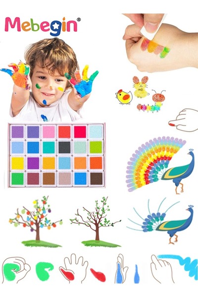 MEBEGIN مجموعة ألوان أصابع قابلة للغسل مع 24 لونًا زاهيًا مختلفًا و32 ورقة مط...