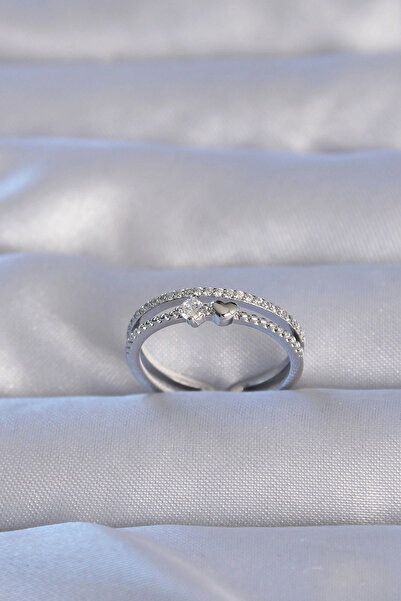 shopwave خاتم نحاسي فضي اللون بحجر الزركون على شكل قلب قابل للتعديل - TJ-BYK3220