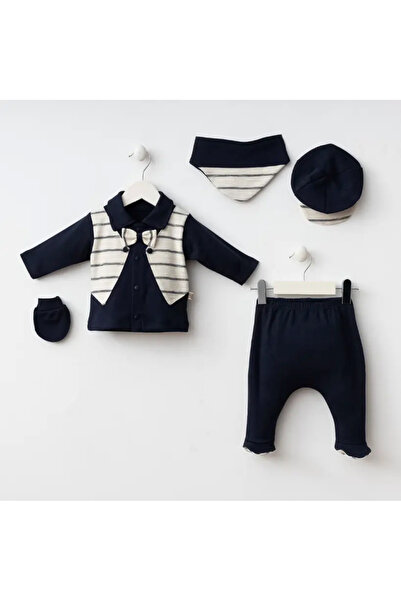 STRAWBABY Erkek Bebek 0-3 Ay Smokin Detaylı 5Li Hastane Çıkış Seti