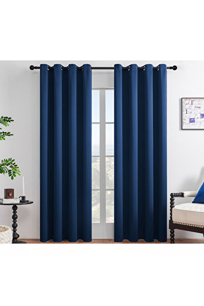 L&Wen Solid Blackout Curtains, Drapes Grommet Room Darkening Curtains (Navy Blue (2 Panel) 140cm X 220cm)