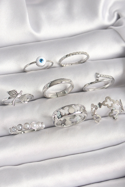 shopwave خاتم نسائي مرصع باللؤلؤ ومزين بخرز العين الزرقاء بلون فضي نحاسي - TJ...