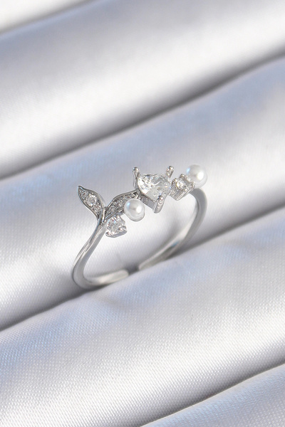 shopwave خاتم نسائي نحاسي فضي اللون بحجر الزركون على شكل ورقة شجر على شكل قلب...