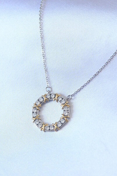 shopwave قلادة نسائية من الفولاذ 316L فضية اللون بحجر الزركون وتفاصيل ذهبية م...