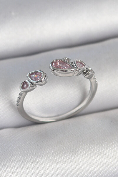 shopwave خاتم نسائي نحاسي فضي اللون وردي اللون مزين بحجر الزركون قابل للتعديل...