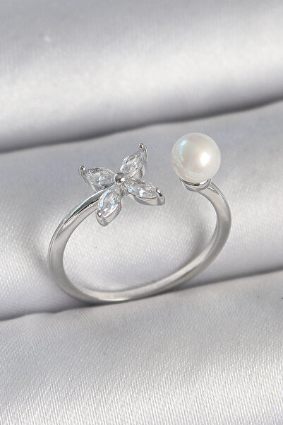 shopwave خاتم نسائي قابل للتعديل بتفاصيل اللؤلؤ ونموذج زهرة من حجر الزركون ال...