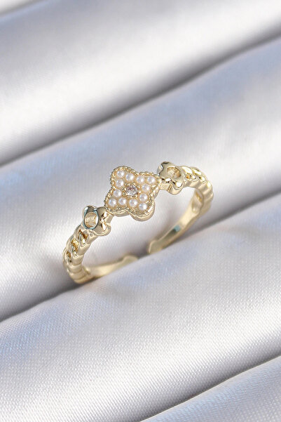 shopwave خاتم نسائي من النحاس الذهبي اللون لؤلؤ البرسيم موديل الزركون حجر الت...