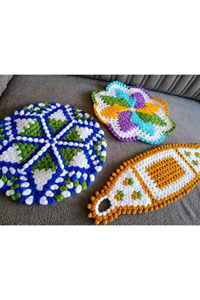 Esram Butik Banyo Lif, Çeyizlik, Renkli Desenli Hediyelik El Örgüsü Üçlü Takı...