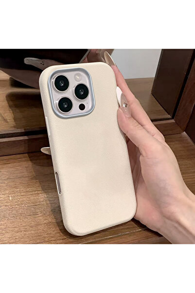 ucuc iPhone 14 Plus/15 Plus Uyumlu Beyaz Deri Dokulu Silikon Kamerayı Korur Ş...