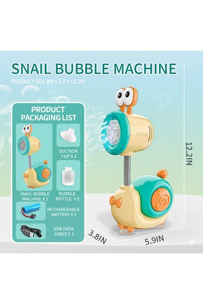 Kids Snail Bubble Machine Toy – YellowGreen - Rechargeable Bubble Blower – Outdoor Play – 3+ Years