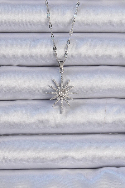 shopwave سلسلة فولاذية 316L فضية اللون من حجر الزركون قلادة نجمة القطب - TJ-B...