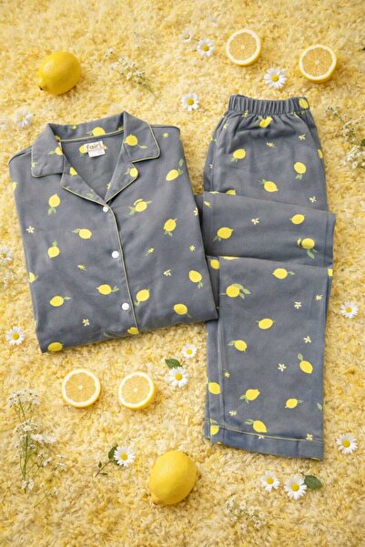 PİJAMORİ HOMEWEARS Işılay Milan Kumaş Önden Düğmeli Uzun Kollu Limon Desenli ...