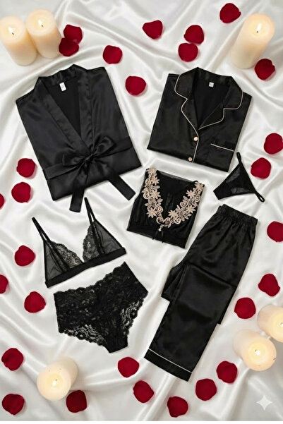ZENCHES Kadın Siyah Saten 7’li Çeyizlik Takım - Pijama Takımı,Gecelik,Tül Gec...