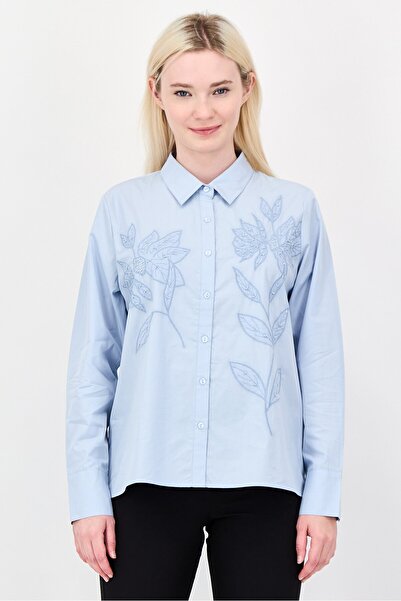 Bebe Women Spread Collar Embroidered Long Sleeve Shirt, Light Slate Blue