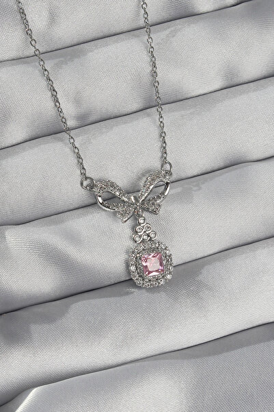 shopwave قلادة سوليتير من الفولاذ باللون الفضي 316L مع تفاصيل فيونكة وحجر الز...