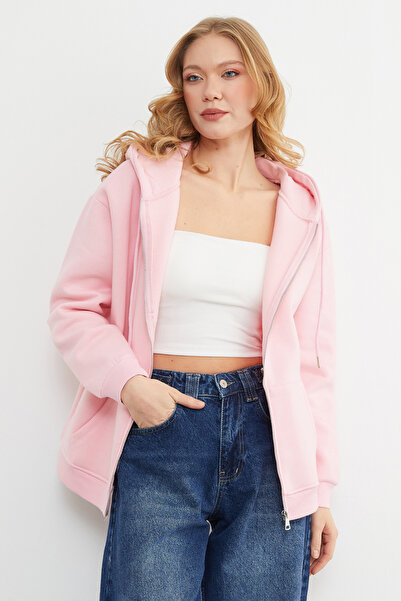 Fulla Moda Basic Fermuarlı Kapüşonlu Oversize Sweatshirt