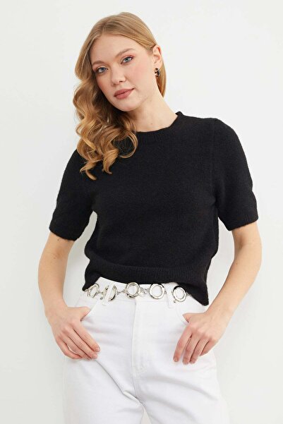 Fulla Moda Basic Crew Neck Short Sleeve Knit Sweater
