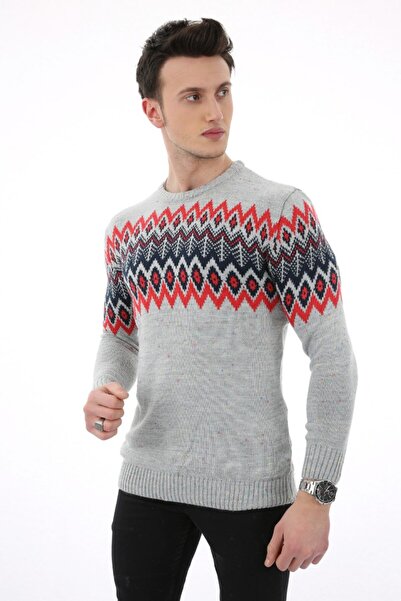 buğrahayalin Baklava Patterned Gray Thick Winter Casual Knit Sweater