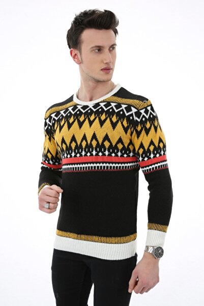 buğrahayalin سترة تريكو شتوية سميكة بنمط ملون باللون الأصفر