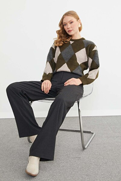 Fulla Moda Diamond Patterned Crew Neck Knitwear Sweater