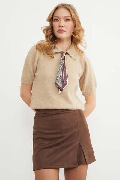 Fulla Moda Polo Neck Short Sleeve Knit Sweater with Scarf Detail