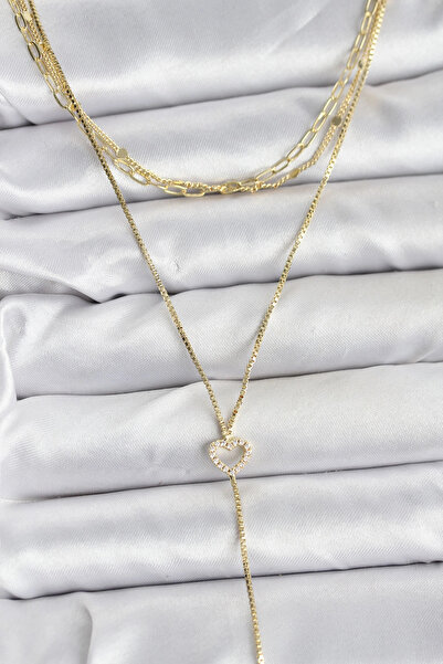 shopwave Brass Gold Color Heart Detailed 3-Piece Combination Y Women's Neckla...