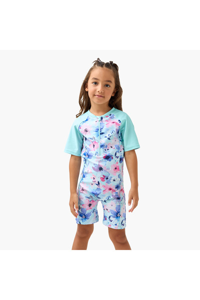 Juniors ملابس سباحة مطبوعة بالزهور مع سحاب للإغلاق