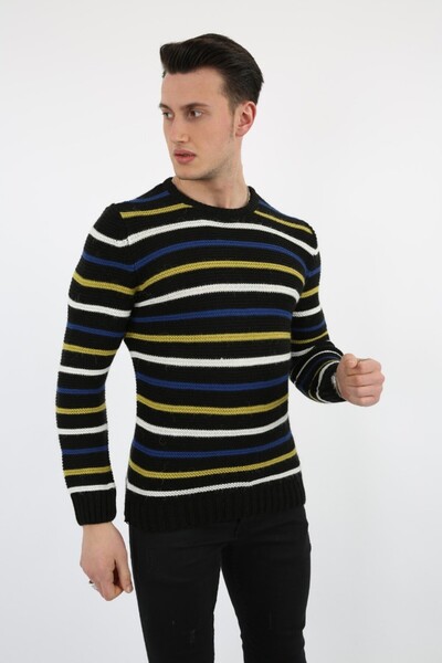 buğrahayalin Black Thick Winter Casual Knitwear Sweater with Multi-Colored Li...