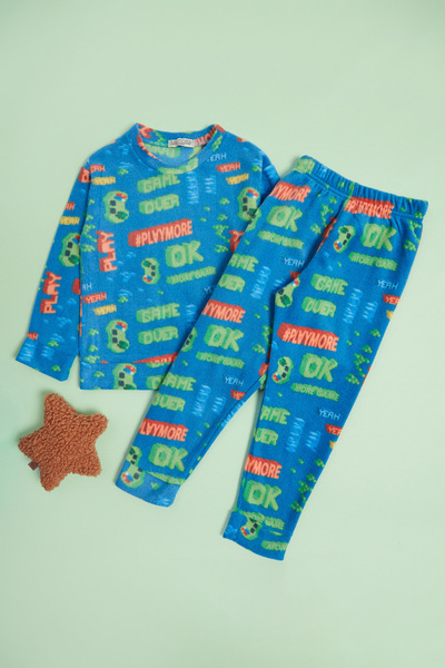 Fulla Moda Σετ παιδικής πιτζάμα Play Yazı με τύπωμα με λαιμόκοψη με φλις Unisex