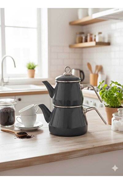 Okumuş Home Emaye Piramit Çaydanlık Takımı Gri Renk