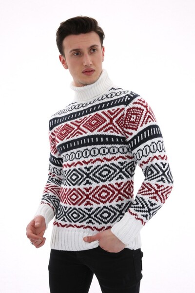 buğrahayalin Thick Winter Casual Knit Sweater with High Neck and Patterned White