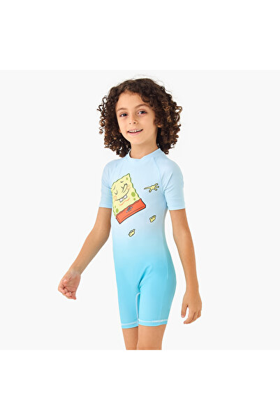 NİCKELODEON ملابس سباحة مطبوعة بشخصية سبونج بوب، بأكمام راجلان وسحاب للإغلاق.