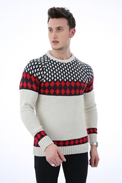 buğrahayalin Patterned Cream Thick Winter Casual Knit Sweater