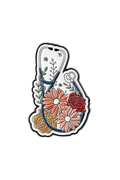 Choice دبابيس بروش على شكل زهرة سماعة طبية QHXZ5146 مطلية بالمينا، بروش سماعة طبية مزينة برسومات زهور كرتونية، دبابيس قميص/حضن