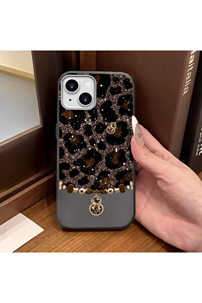 ucuc iPhone 14 Plus/15 Plus Uyumlu Gri Deri Dokulu Silikon Kamerayı Korur Şok...