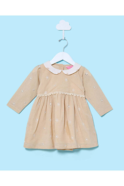 REDTAG Infant Girls Beige Peterpan Collar Dress