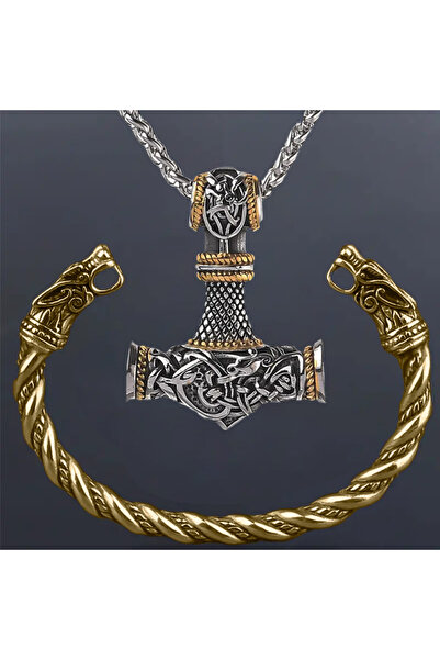 Choice طقم ذهبي من قطعتين، قلادة مطرقة فايكنج ريترو، قلادة رأس ذئب، وسوار، مج...