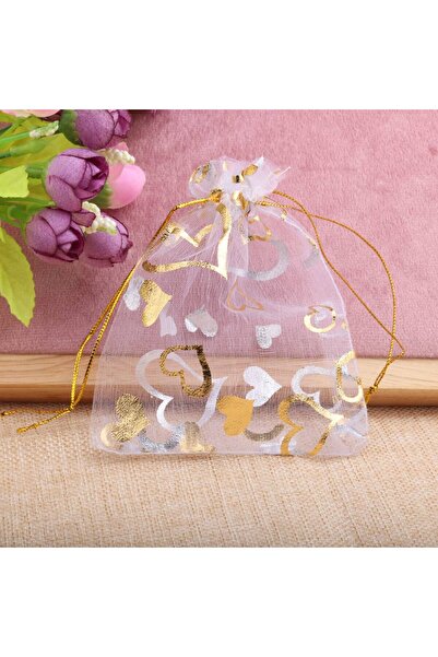 Choice 7x9cm 2white 50pcs 7x9cm Gold Color Heart Organza Bags Wedding Party Christmas Drawable Packaging Di