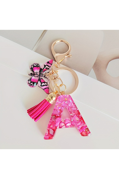 Choice A Cute initial keychain Fringe butterfly pendant Drop glue sequin lett...