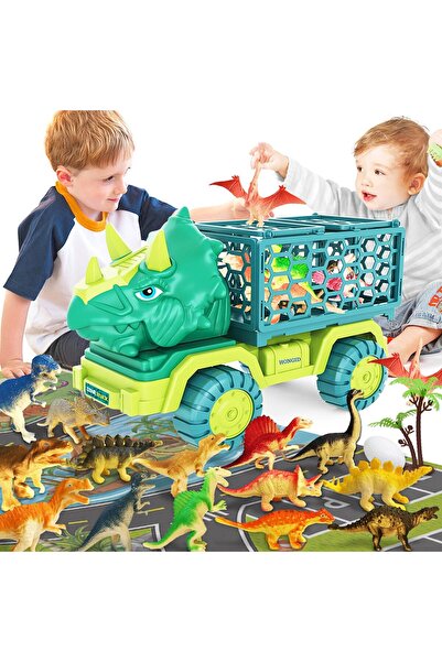 Arabest ألعاب شاحنة الديناصورات للأطفال من 3 إلى 5 سنوات، لعبة سيارة ترايسيراتوبس مع 15 مجسم ديناصور، سجادة لعب كبيرة للأنشطة،