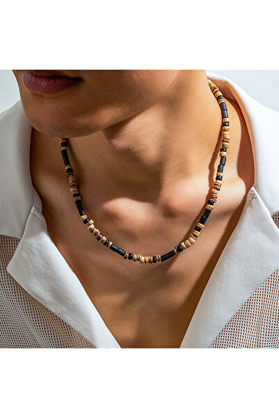 Choice Brown Brown and Black Small Beaded Chain Necklace Men Trendy Wood Beads Short Choker Necklace Collar