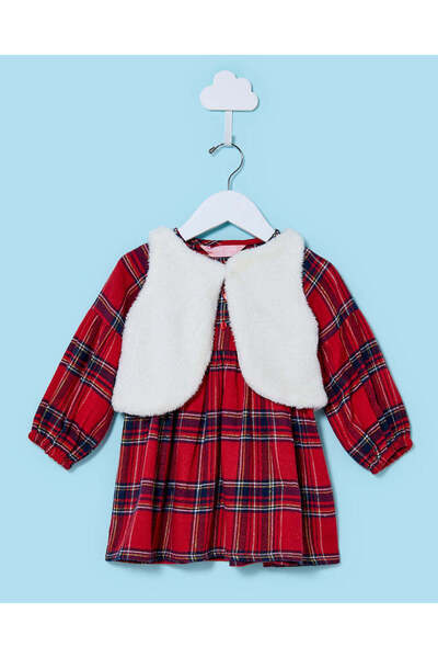 REDTAG Infant Girls Red And White Dress With Jacket (2 Piece)