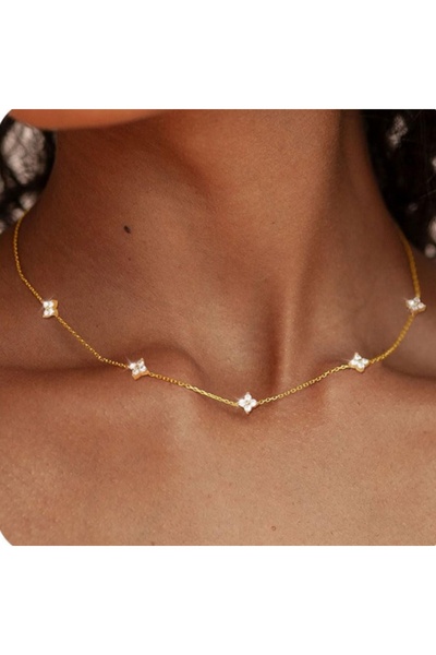 Choice قلادة أنيقة مرصعة بالزركون على شكل زهرة رباعية الأوراق من الذهب للنساء...