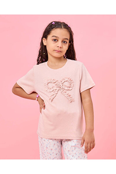 REDTAG Girls Pink With Bow Applique Details T-Shirt