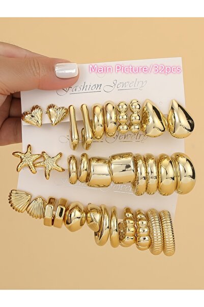 Choice الصورة الرئيسية - 16 زوجًا (5-16 زوجًا/مجموعة) أقراط ذهبية بتصميم نجم ...