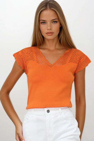 Trend Alaçatı Stili Women's Orange Front and Back V-Neck Hole Lace-Like Knit ...