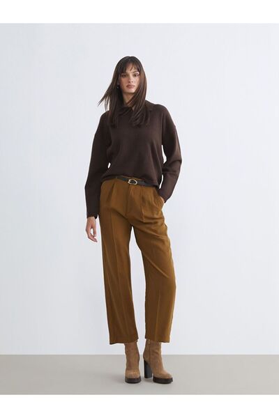 LC Waikiki Lcw Vision Brown Belted Loose Fit Women's Pleated Trousers