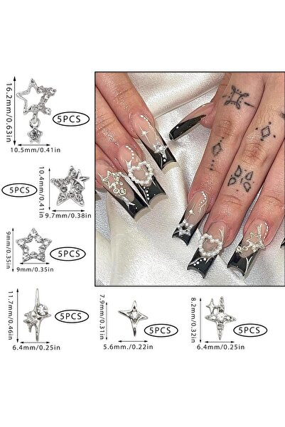 Choice TZ-03 30 قطعة من تعليقات الأظافر الفضية على شكل نجوم، أحجار كريمة لامع...
